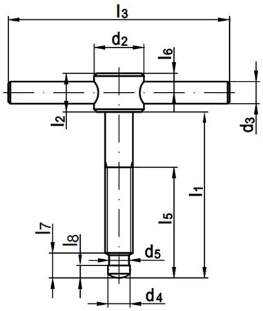 Зажимной воротковый (верстачный) винт DIN 6306 E с неподвижной рукояткой, без упорной колодки - чертеж, схема